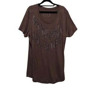 Peruvian Connection Feather Print Pima Cotton Modal T Shirt Top/Dress Lrg READ
